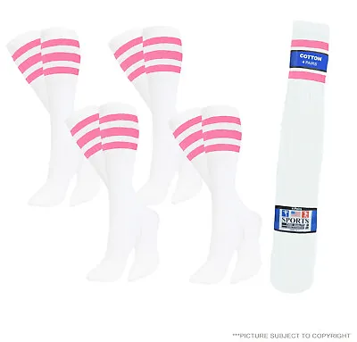4 Pk White Pink Stripe Tube Socks Cotton Sports Old School Retro 22 Inches • $14.95