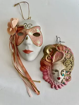 Pair Vintage Mini Ceramic Venetian Face Masks Flower Swan Design Wall Decor • $12