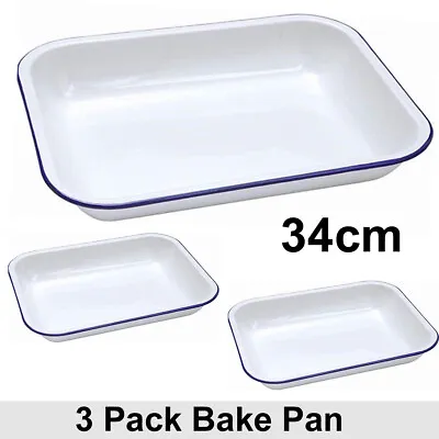 3x Falcon Traditional Enamel 34cm Oblong Bake Pan Baking Roasting Tray White • £41.99