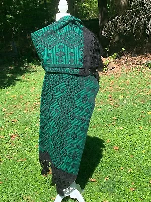 Fringed Cotton Rebozo Wrap Shawl Woven Pattern 6.5x2.4 Mexican Black Green H76 • $26.90