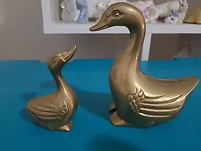 Vintage Brass Ducks Figurines Mom Baby Pair Big Small Birds Metal Home Decor • $9.99