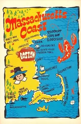 MASSACHUSETTS COAST Map Cape Cod Boston Lobster Pilgrim 60s 4x6 Vintage Postcard • $6.19