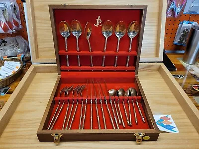 Thailand Bamboo Pattern Table Flatware Gold Tone Vtg Dinnerware 24 Pc Nice Case! • $40