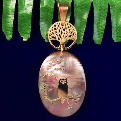 2pcs Tibetan Gold Life-tree & Natural Abalone Shell Owl Oval Pendant  • $9.35