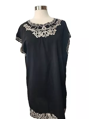 MONROE And MAIN Xl Dress Black Shift EMBROIDERED Pockets Pullover Satiny Light • $13.98