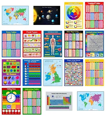 SCHOOL 18 X EDUCATIONAL GLOSSY POSTER PACK For Children Times Tables World Map • £18.99