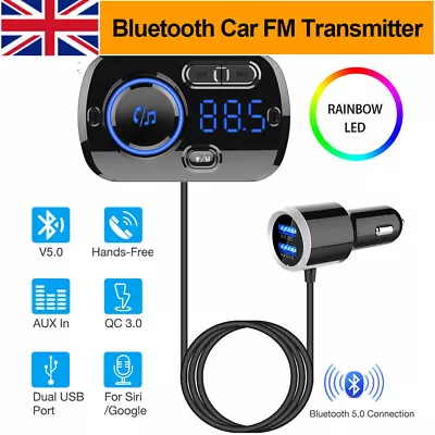 Wireless Bluetooth Car FM Transmitter Kit 2 USB Charger MP3 Player AUX Handsfree • £11.99