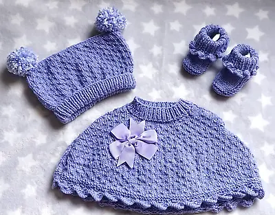 Hand Knitted Baby Girl Lilac Poncho And Pom Pom Hat/booties Set Set 0-3 Months • £19.99