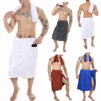 Mens Elastic Waistband Adjustable Wrap Around Body Bathrobe Towel With Pocket • $7.43