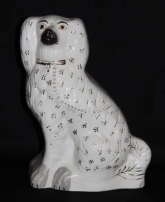 Large Antique Staffordshire Fan Tail Wally Dog In White With Black Nose • £19.95