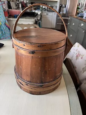 Vintage Primitive Wood FIRKIN Sugar Bucket Finger Bands Pegged Bentwood Handle • $259