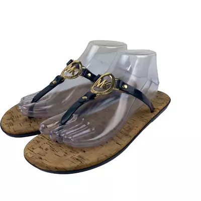 Michael Kors Women Sandal Sz 9 Gold Medallion Navy Blue Jelly Thong Slide • $34