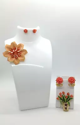 VTG Salmon Color Enamel Flower Tulip Bucket Brooches Coral Earrings (2) • $9.99