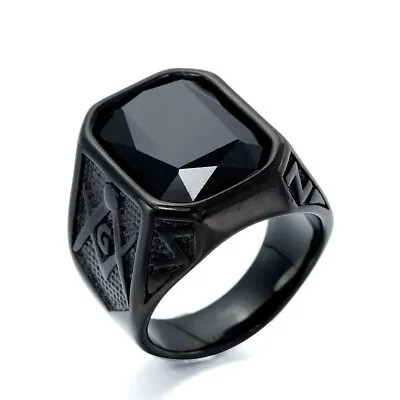 Men's Vintage Black CZ Masonic Wedding Ring Stainless Steel Black Freemason Ring • $12.99