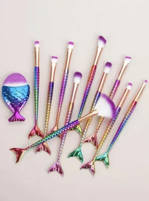 Makeup Brush Set Mermaid Gradient Brushes 11pcs Rainbow Face Powder Eyeshadow • $22.45