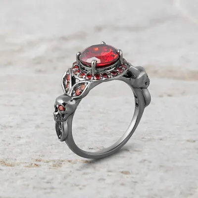 Vampire Skull Engagement Ring Halo Garnet Leaf Gothic Silver Gun Metal Finish • $194.10