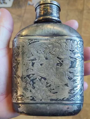 Antique Flask Meriden C.1880 Hunting Stag & Dog Collapsible Cup Cap Silverplate • $100