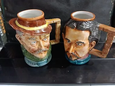 German Ceramic Head Shaped Beer Steins Set Of 2: Mad King Ludwig & Village Elder • $29.99