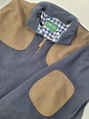 Orvis 1/4 Zip Men's Large Leather Patch Shooting Jacket Blue Plaid Lined • $49.99