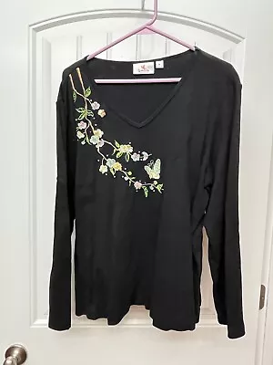 QUACKER FACTORY Size XL Black Embellished Cherry Blossom & Butterfly LS Top NEW • $25.19