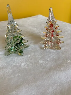 $40 • Buy Lot Of 2 Crystal Glass Christmas Trees:  Green Swirl & Red Swirl
