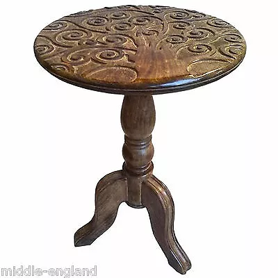 Wooden Round Table 56cm Side End Wine Lamp Table Mango Wood Tree Of Life Design • £68