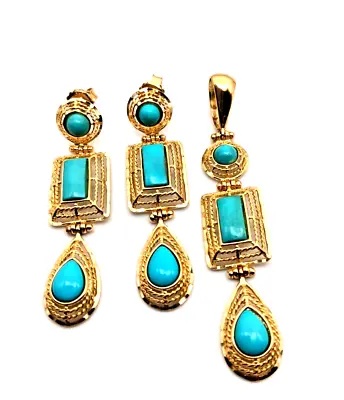 18ct Yellow Gold Turquoise Drop Earrings & Pendant Set • £1150