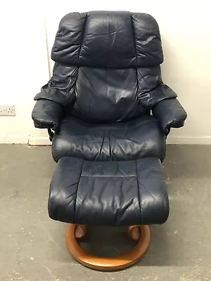 EKORNES RENO STRESSLESS Chair & Stool Large Navy Blue Leather Recliner Swivel • £410