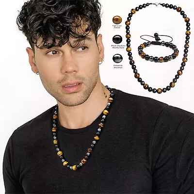 Men Retro Triple Protection Necklace Tiger Eye Hematite Obsidian Stone Bracelets • £10.79