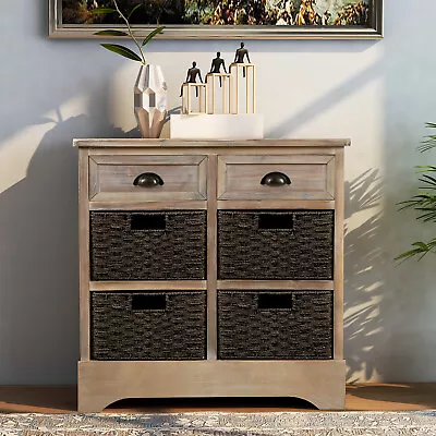 Storage Cabinets Rustic Storage Cabinet With 2 Drawers & 4 Classic Rattan Basket • $244.30