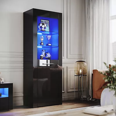 High Gloss Black Display Cabinet Sideboard Cupboard Storage Door With LED Lights • £119.99