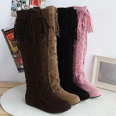 Womens Lace Up Knee High Faux Suede Knight Boot Flat Tassel Moccasins Boots New  • $22.61