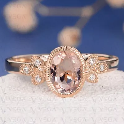 3.18ct Oval Shape Peach Natural Morganite Gemstones Diamond Ring 14K Rose Gold • $498