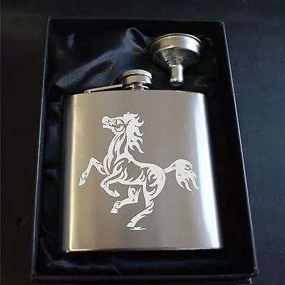 Engraved Tribal Horse 6oz Stainless Steel Hip Flask Gift Box & Funnel • £15.95