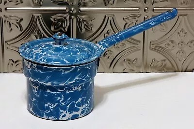 Enamelware Pan With Lid Double Boiler Top Blue & White Splatter Swirl Vintage • $20