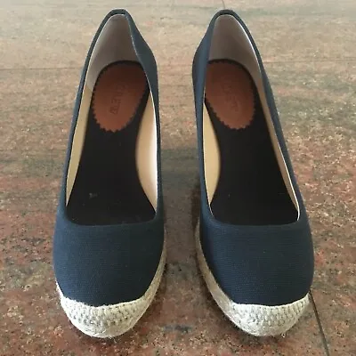 J Crew Seville Espadrille Wedges Navy Blue Canvas Pump Heels Round Toe 6.5 • $100