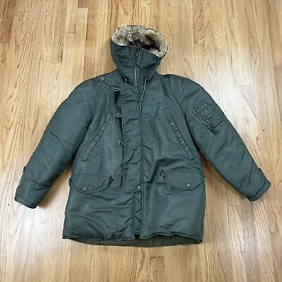 Vintage USAF N 3B Flight Crew Heavy Jacket Parka W/ Fur Hood Trim Olive Green • $108