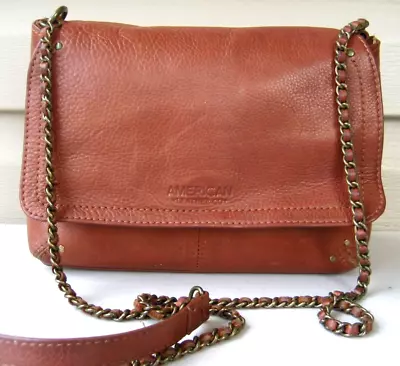 American Leather Co Fold Over Brown Tooled Leather Crossbody Bag Chain • $34.90