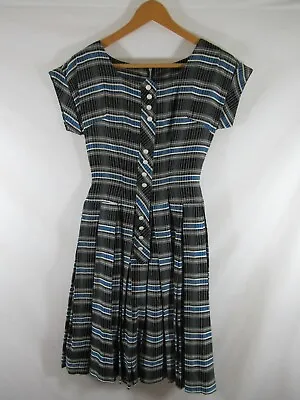 Vintage 50s 60s Pleated A-Line Dress Women Black/Blue Short Sleeve Midi • $31.99