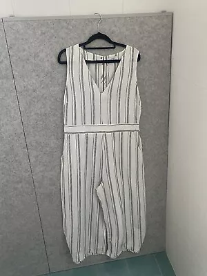 Principles Jumpsuit Womens Size 14 Sleeveless White Black Stripe Pockets Linen • $15.99