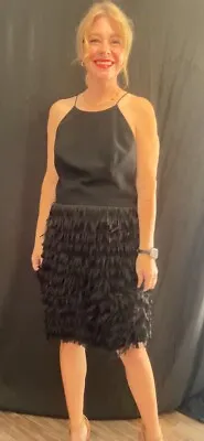 Aidan Mattox Women Black Fringe Halter Mini Preppy  Dress Size 12 Cocktail • $40