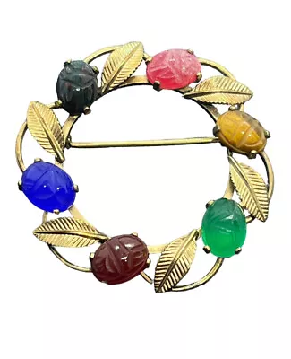 Van Dell Vintage 12K Gold Filled Carved Gemstone Scarab Beetle Brooch Pin Leaves • $59