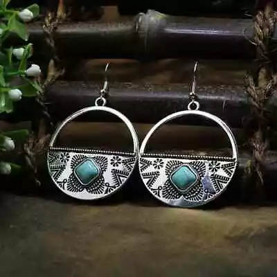 Vintage Design Silver Turquoise Engraved Earring-Silver Dangle Earring • £12.99