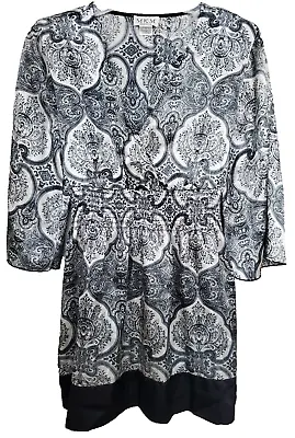 MKM Designs Black/Beige Paisley Smocked Waist 3/4 Sleeve Surplice Blouse Sz Med • $19.99