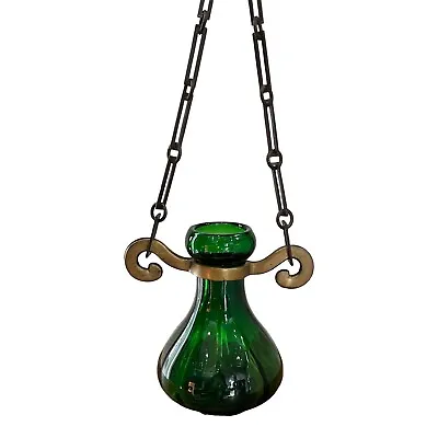 20 Century Emerald Green Art Glass Hyacinth Bulb Hanging Flower Vase Brass Chain • $589