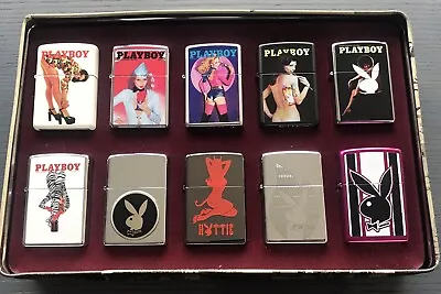 Zippo Playboy Set Of 10 Lighters Various Designs Displayed In Collectors Tin • £695