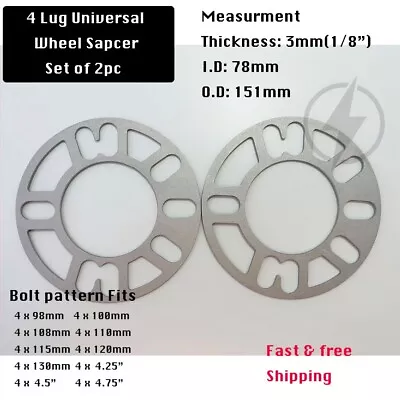 2Pc Wheel Spacers 3mm Universal For 4x98 4x100 4x108 4x110 4x114.3 4x120 4x130 • $10.85