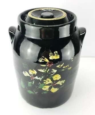 Vintage Black Crock Cookie Jar - Hand Painted Flowers  • $24.99