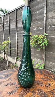 Vintage Tall Glass Genie Bottle With Stopper Green In Colour (c1) • £49.99