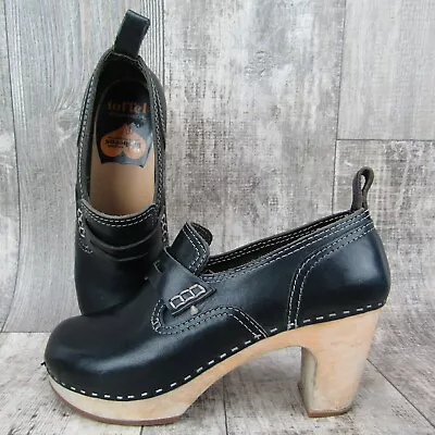 Toffel Wood Heel Clogs 38 EU / 7 M US Black Pump Wooden Shoes Leather Platform • $39.99